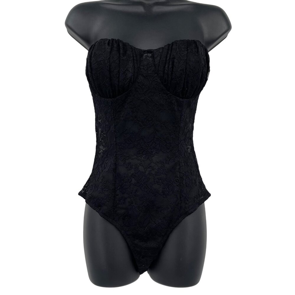 Lulu's Black Strapless Lace Bodysuit